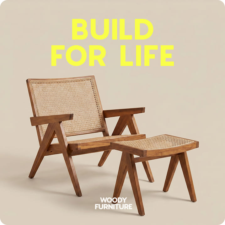 Furniture ad — a caned lounge chair, "Build for life"