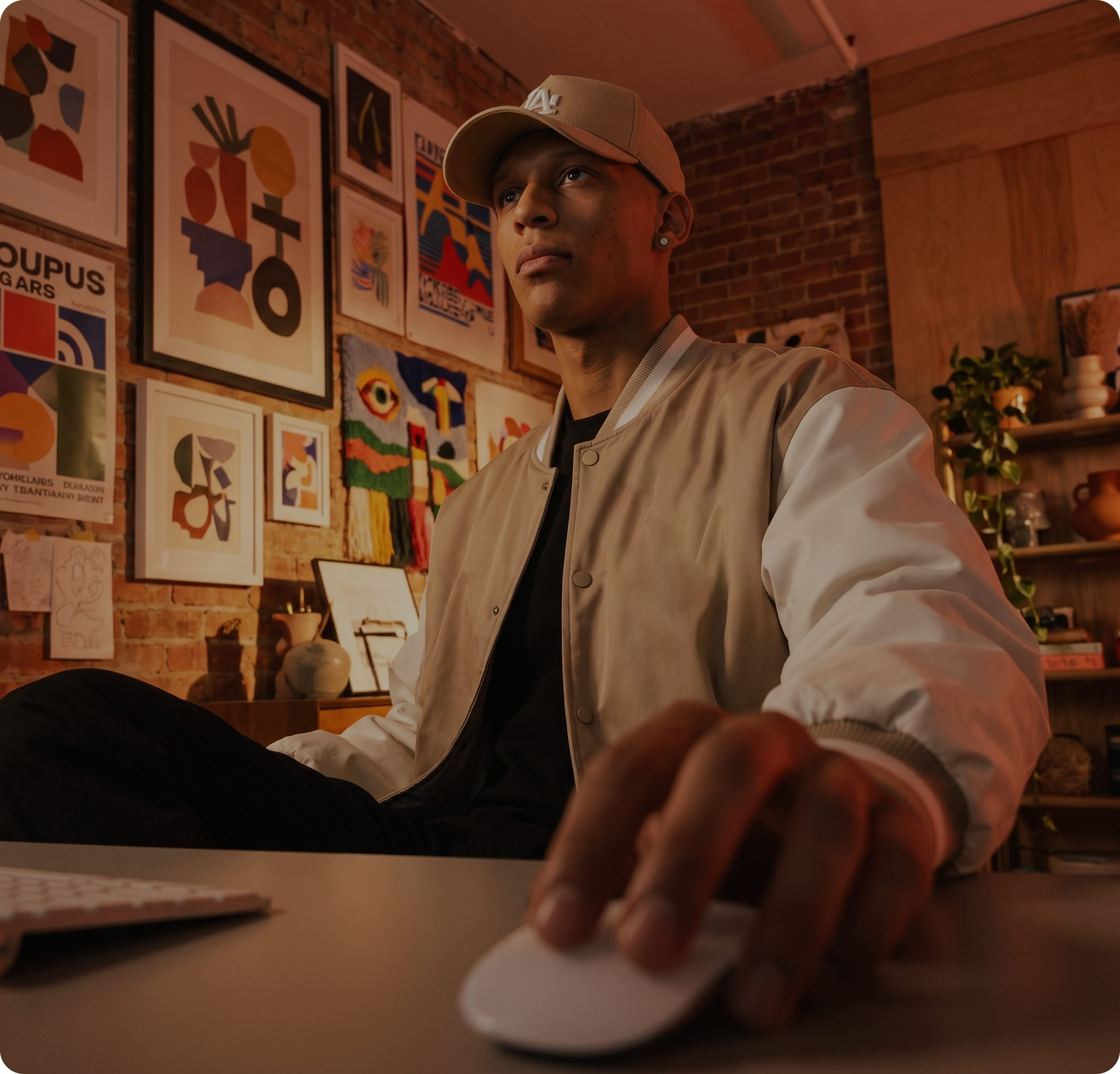 A creator at their desk in an art-filled studio, working with Superscale